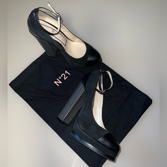 N°21 Black Suede And Leather Block Heel Ankle Strap Pumps Size 37 - Picture 2 of 16